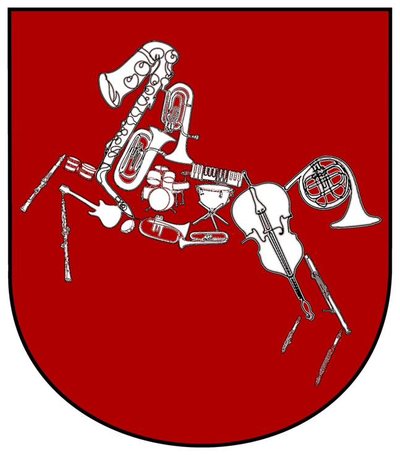 Wappenschild mit einem aus Musikinstrumenten gebildeten Pferd